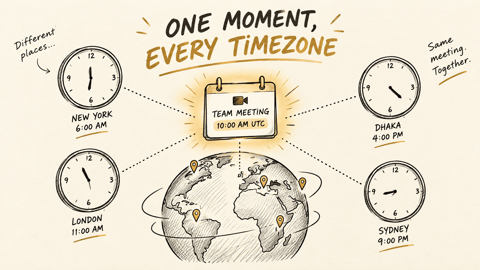 Several clocks at different times linked to one shared meeting moment across a globe