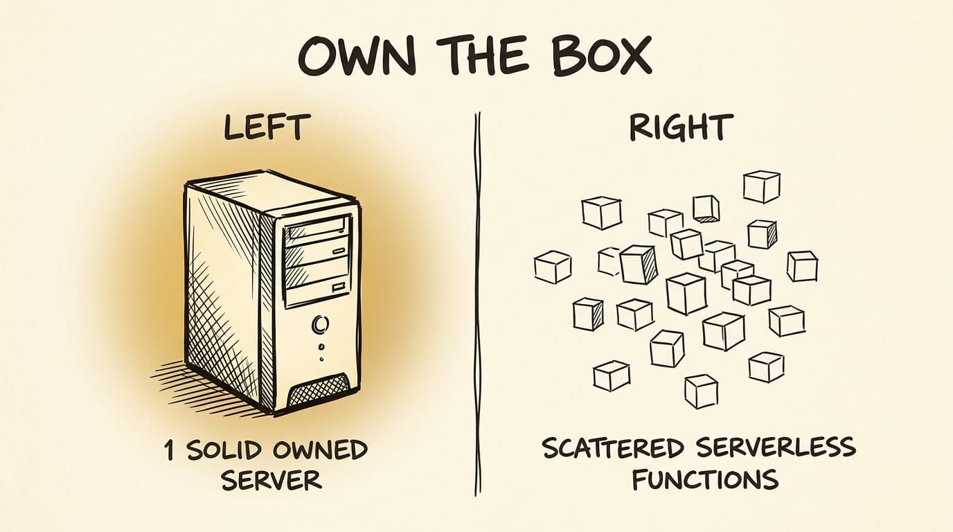 A comparison contrasting one solid owned server against scattered serverless functions